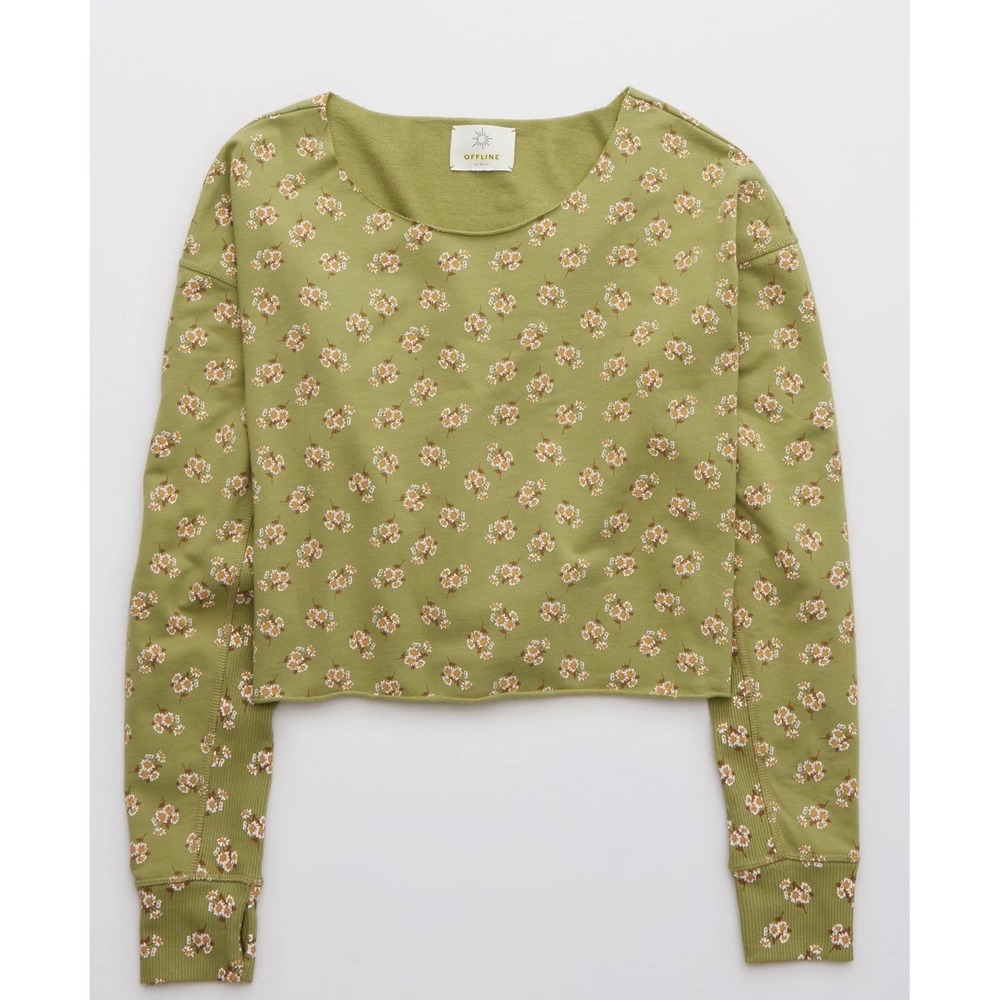 OFFLINE by Aerie Floral Cropped Sweatshirt Olive Green Thumbholes Large